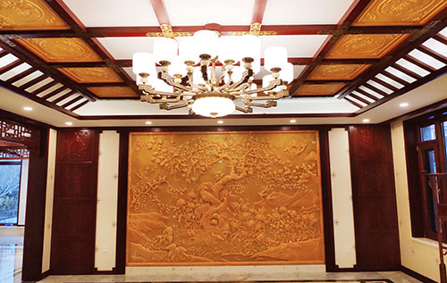 无为中式别墅客厅中式木作横梁吊顶装饰展示